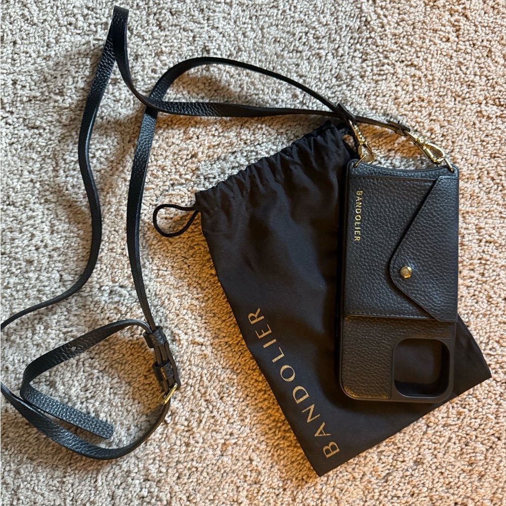 Bandolier Black Leather Phone 14 Case with Strap